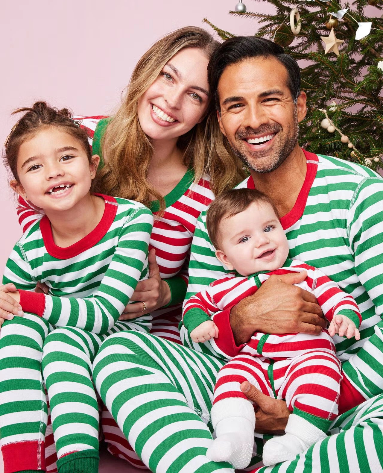 Adult Striped Long John Pajama Top Tree Green/White/Hanna Red