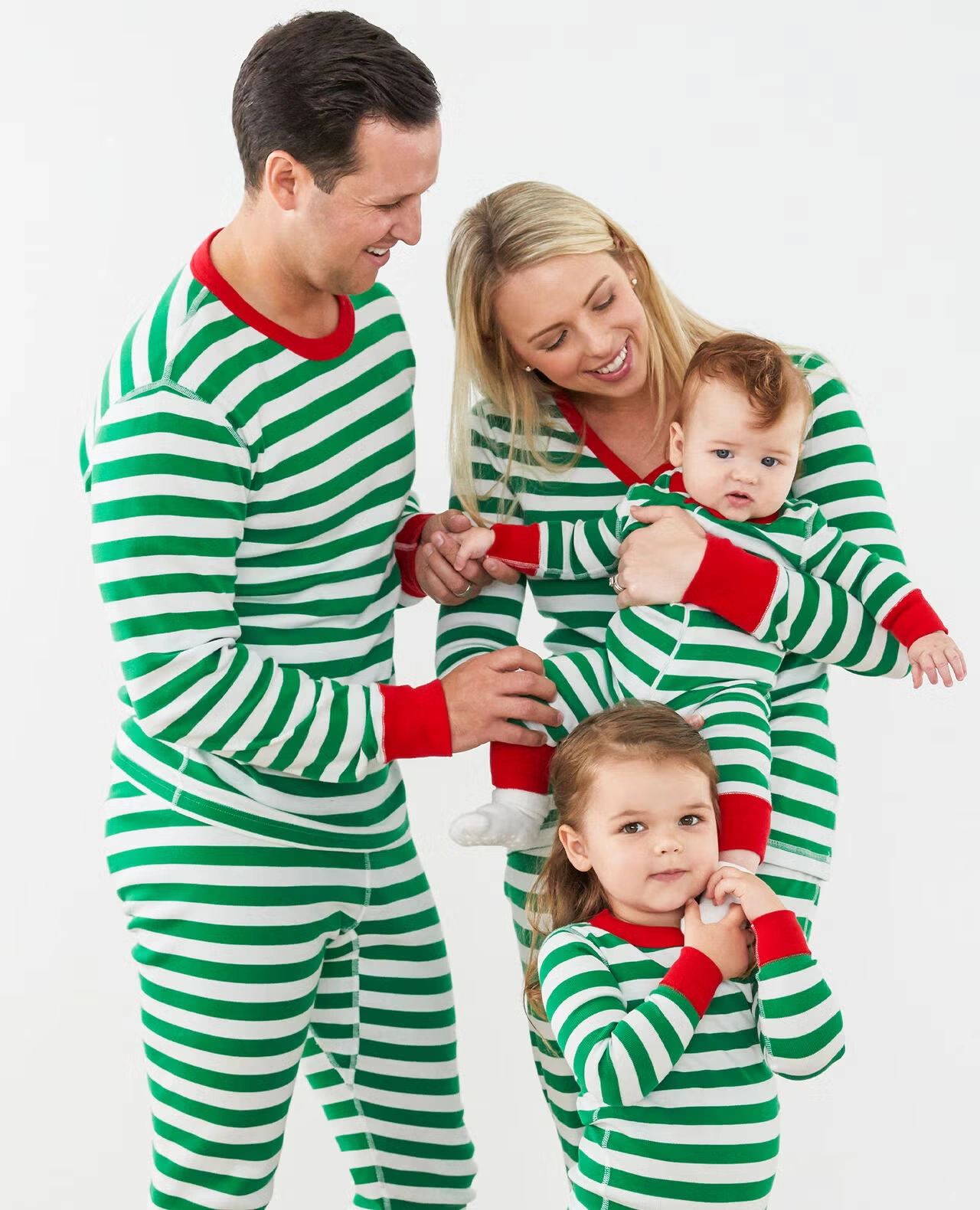 Adult Striped Long John Pajama Top Tree Green/White/Hanna Red