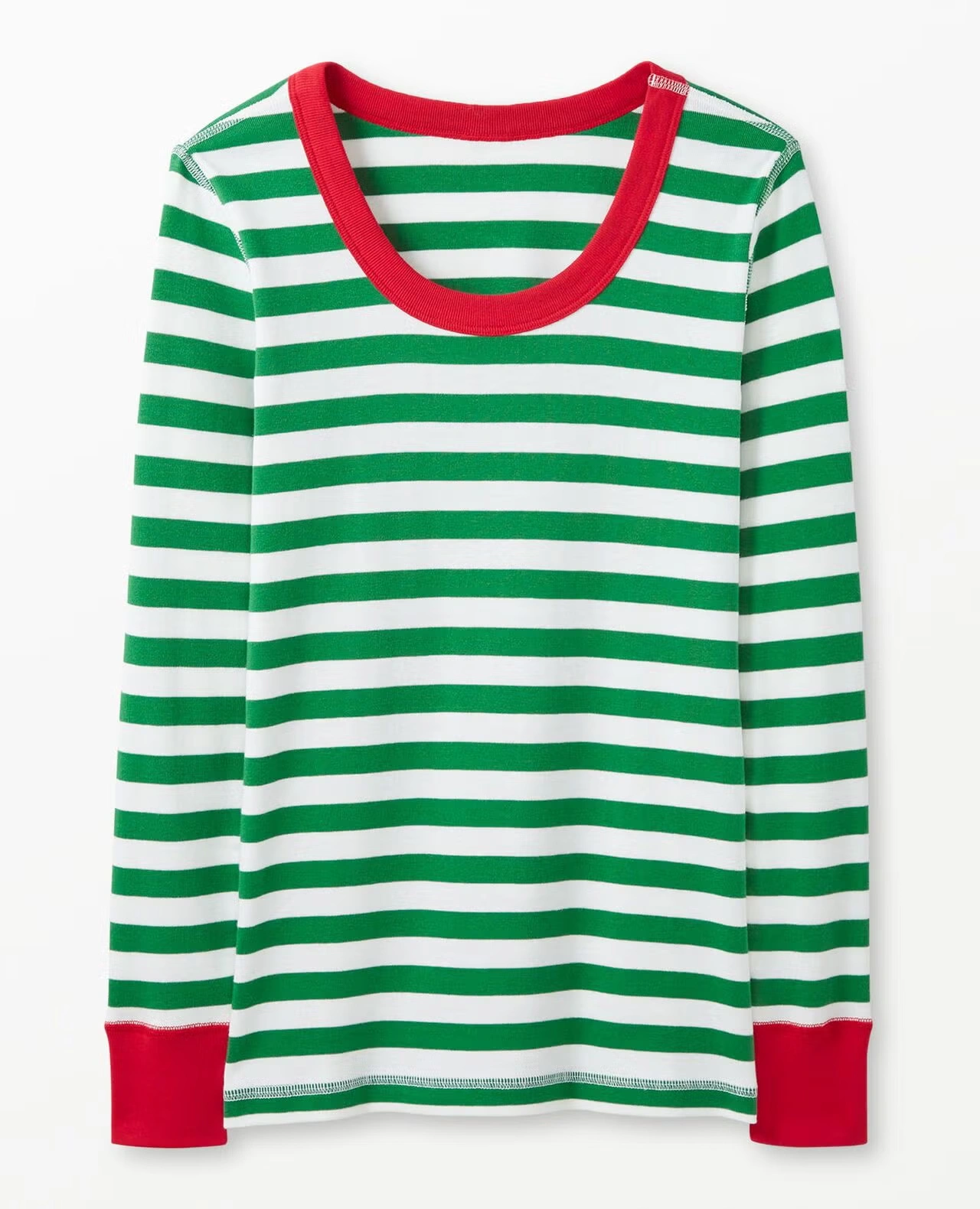 Women's Striped Long John Pajama Top Tree Green/White/Hanna Red