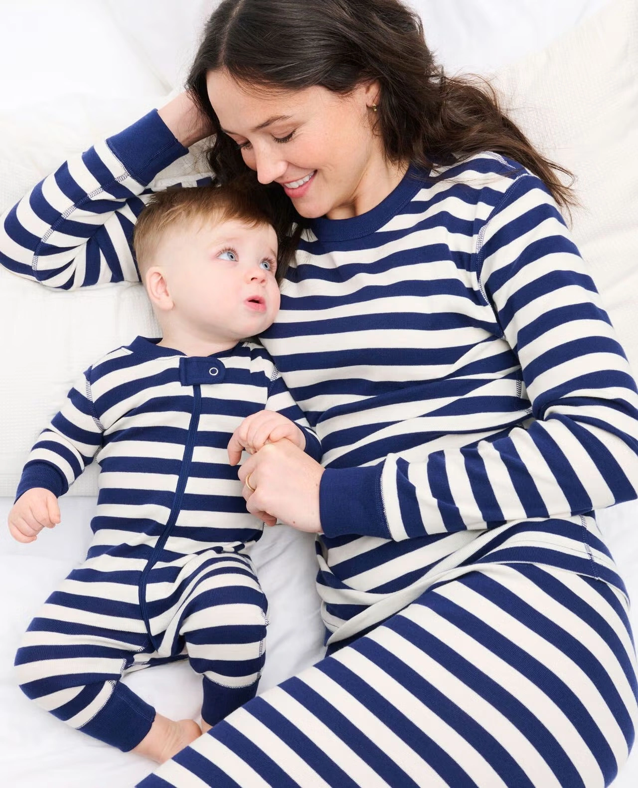 Adult Striped Long John Pajama Top Navy Blue