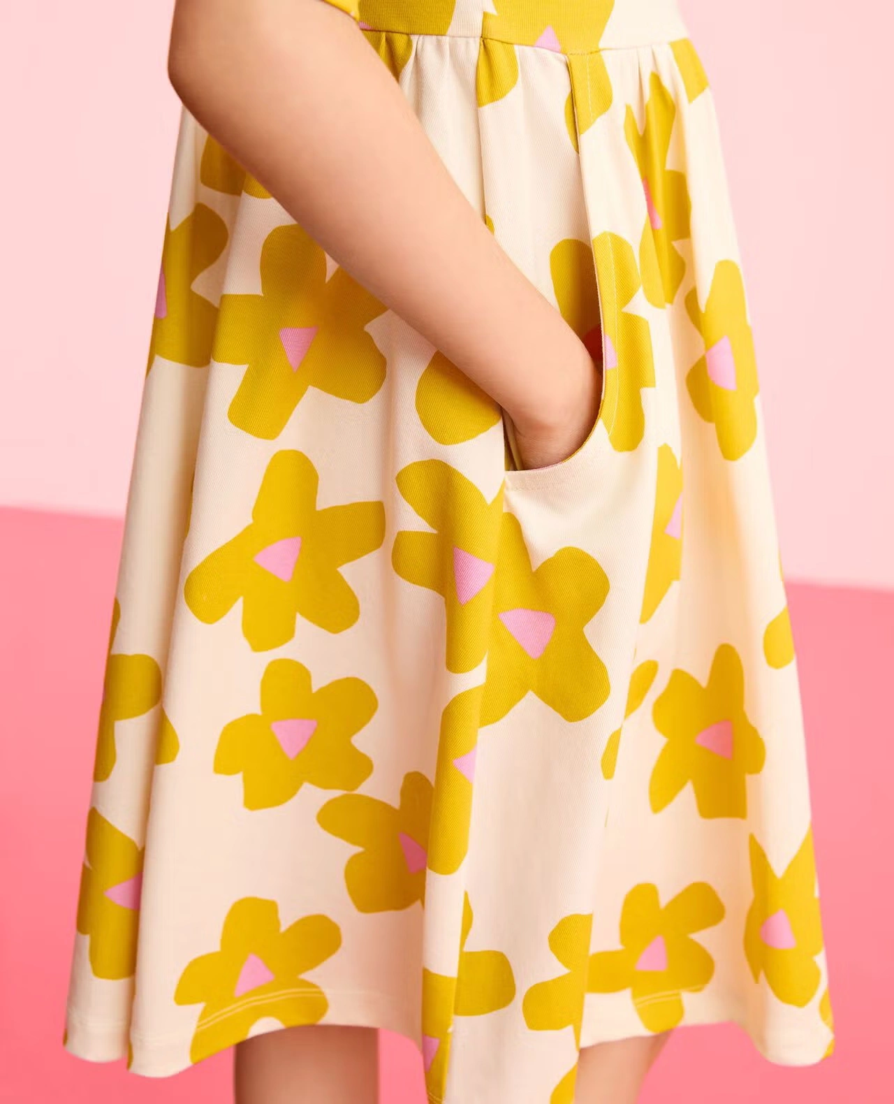 Skater Dress with Pockets Yellow Flowers on Ecru
